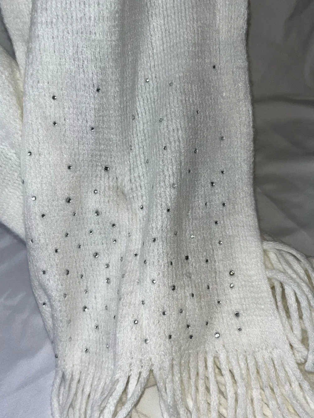 New York & Company Cream Rhinestone Fringe Scarf and Gloves Set
